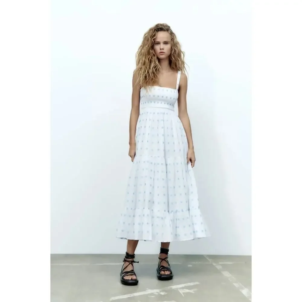 Zara Floral Embroidered Tiered Maxi Sundress Smocked White Blue Dress Size Large - Picture 2 of 16